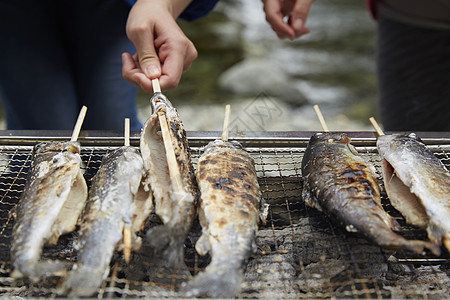鱼菜肴烧烤架上的烤鱼背景