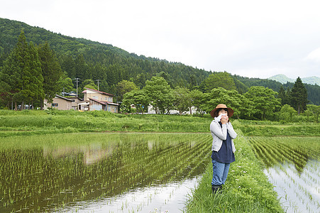 种植水稻在田地里休息的年轻农民图片