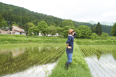 种植水稻后在田里休息的年轻农民图片