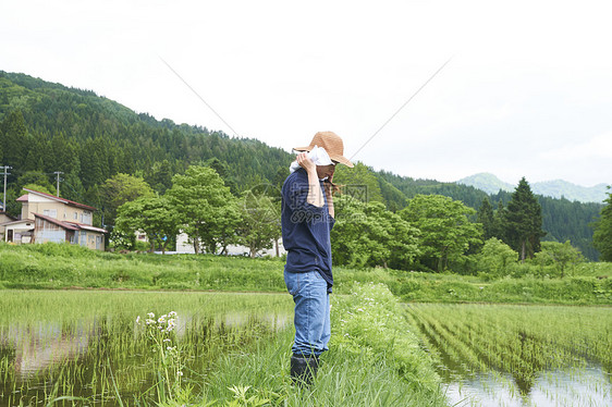 种植水稻正在休息的农民图片