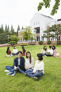 学生们围坐在草地上分享交流图片