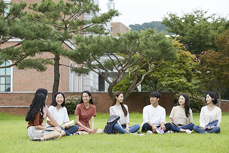 校园草坪上放松聊天的大学生们图片