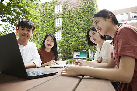 户外看着笔记本电脑学习的大学生图片