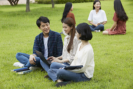 看着笔记本电脑讨论课题的大学生图片