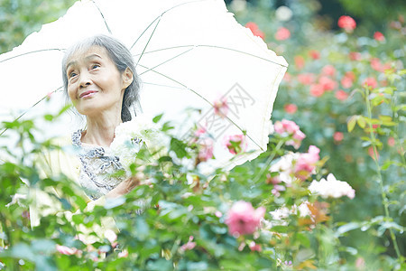 花园里打着伞的女性图片