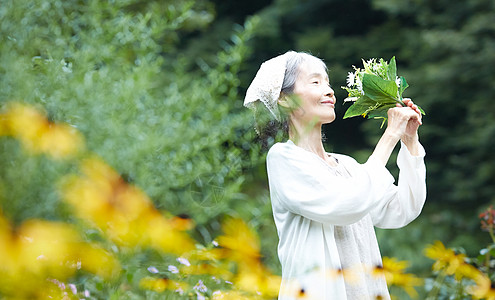 老年妇女在庭院里采花背景图片