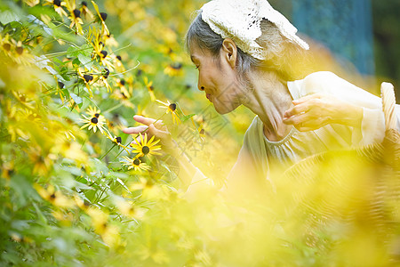 庭院里老人闻花香味图片素材