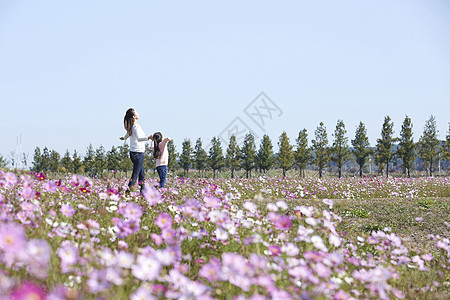 母女走在花田里图片