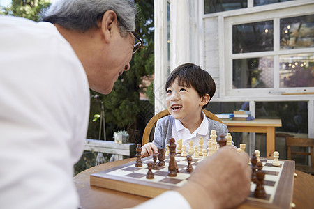 祖父孙子在花园下象棋图片