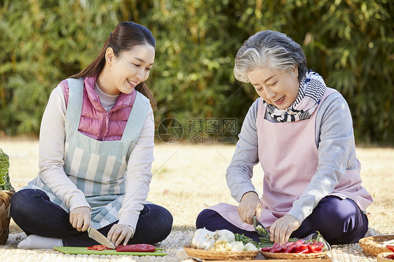 婆婆和媳妇一起准备腌制泡菜的材料图片