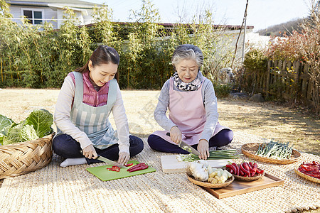 婆婆和媳妇一起准备腌制泡菜的材料图片