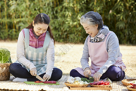 婆婆和媳妇一起准备腌制泡菜的材料图片