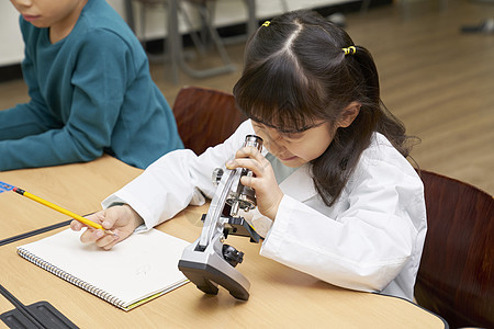 小学生近距离看着显微镜图片