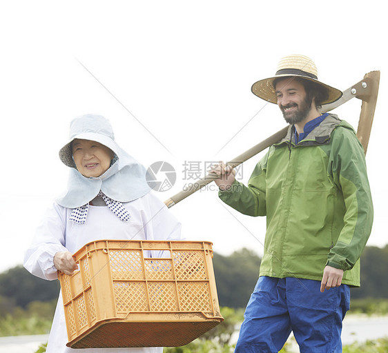 农地耕犁的农民妇女和外国男人图片