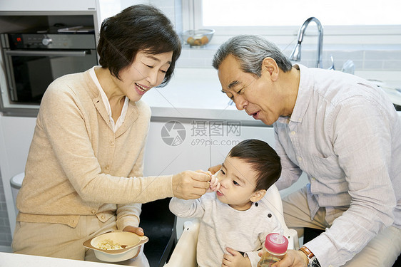 爷爷奶奶陪孙子在客厅玩耍图片