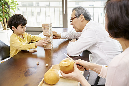 爷爷和孙子一起搭积木图片