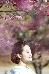 穿和服的日本女性站在梅花树下图片