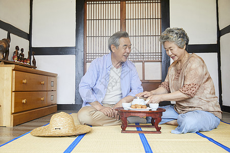 老年夫妇居家喝茶聊天图片