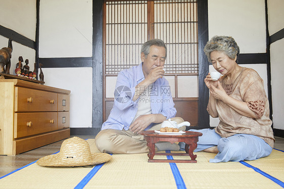 老年夫妇居家喝茶聊天图片