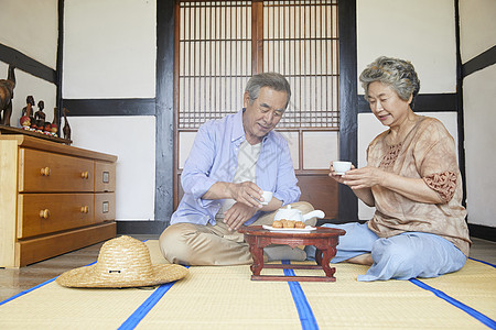 老年夫妇居家喝茶聊天图片