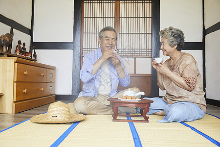 老年夫妇居家喝茶聊天图片