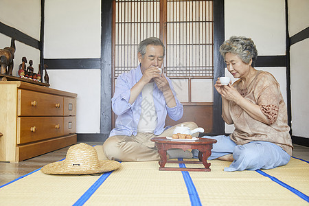 老年夫妇居家喝茶聊天图片