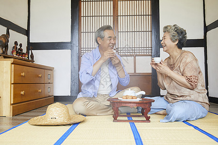 老年夫妇居家喝茶聊天图片