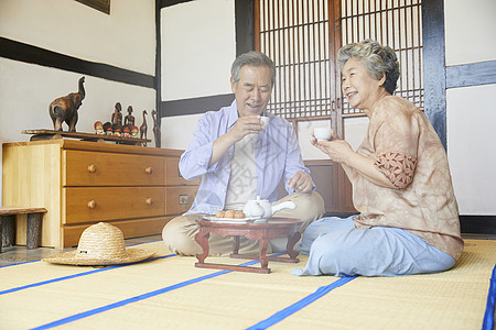 老年夫妇居家喝茶聊天图片