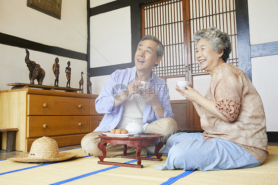 老年夫妇居家喝茶聊天图片