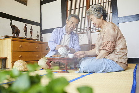 老年夫妇居家喝茶聊天图片