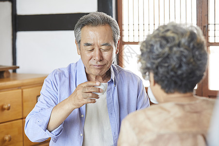 老年夫妇居家喝茶聊天图片