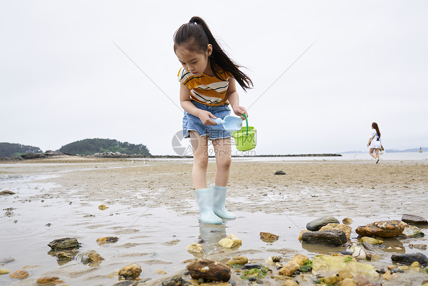 在海边捡石子的小孩图片