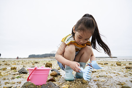 在海边捡石子的一家人图片