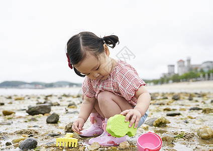 在海边捡石子的小孩图片