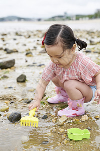 在海边捡石子的小孩图片