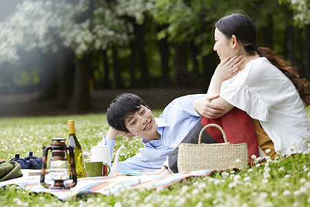 公园里野餐放松的年轻夫妇图片