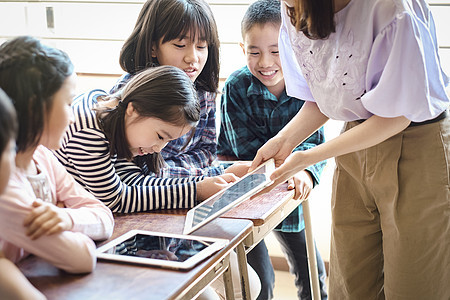 小学生在老师的指导下学习平板电脑使用知识图片