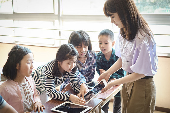 小学生在老师的指导下学习平板电脑使用知识图片