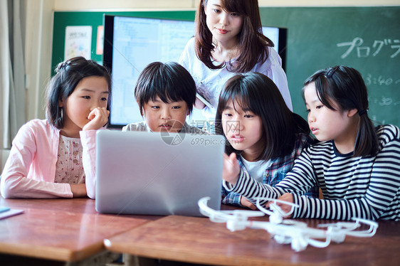 小学生在老师的指导下用电脑查询资料图片