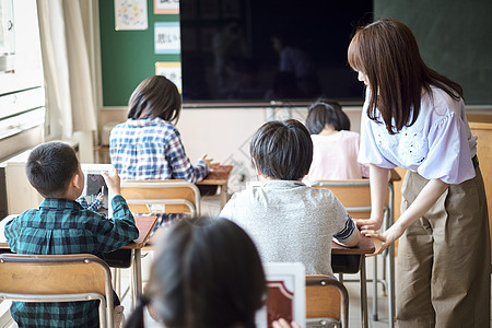 小学生在老师的指导下学习电脑使用知识图片