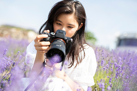 摄影机摄影花卉花田和妇女画象图片