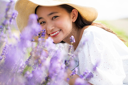 北海道薰衣草夏天花田的妇女画象背景