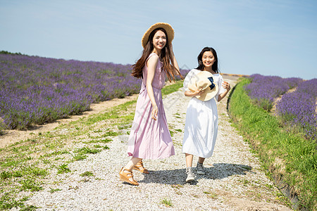 年轻闺蜜花田里游玩图片