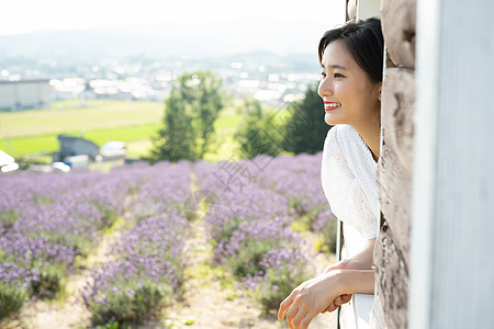 北海道薰衣草户外花田的妇女画象背景