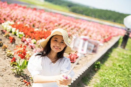 美丽花田的妇女画象图片