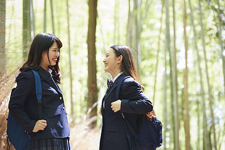 两个高中女孩步行在竹林中图片