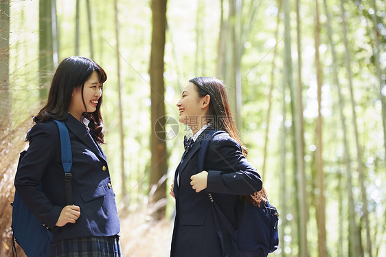 两个高中女孩步行在竹林中图片