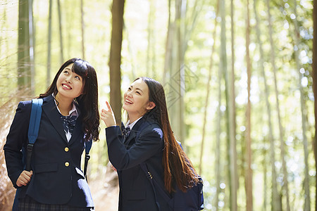 两个高中女孩在竹林中游玩图片