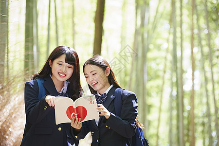 两名高中女孩在竹林里游玩图片