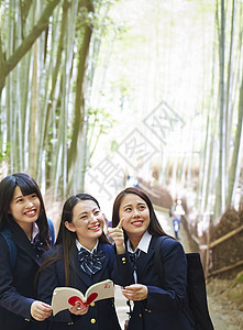 三个高中女生在竹林里踏青观光图片